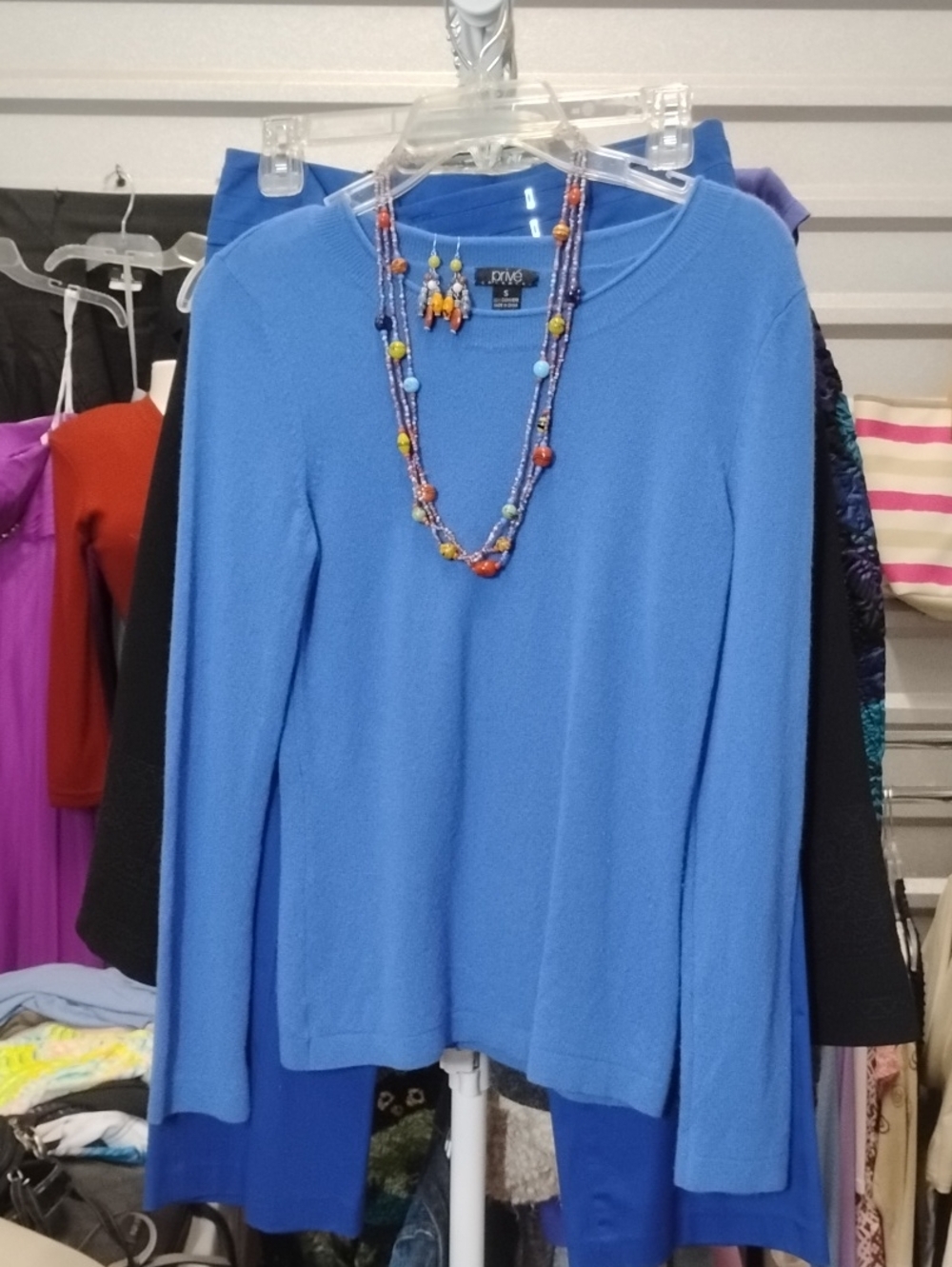 Bright Blue Crewneck 100% Cashmere Sweater with Coordinated Ensemble